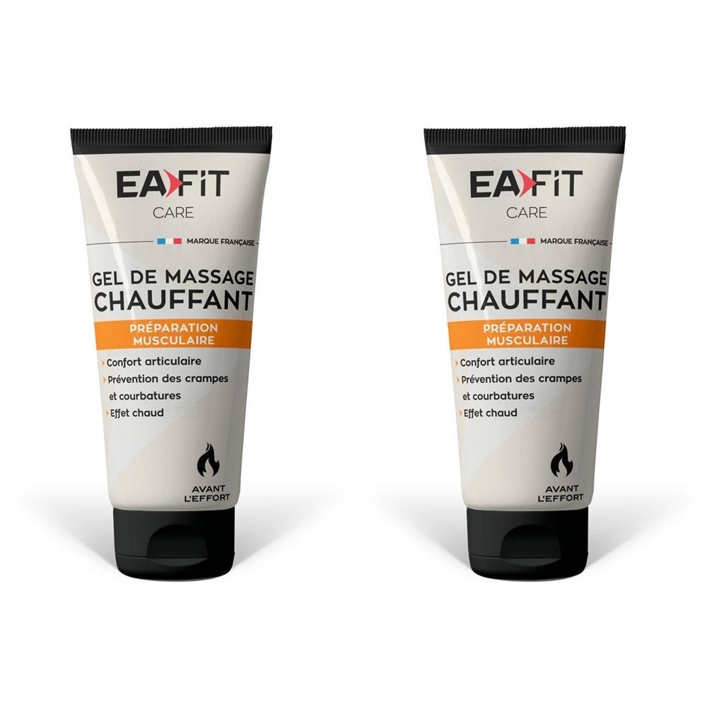 Deux tubes de Gel de massage chauffant EA Fit. Emballage blanc et orange avec bouchon noir. Texte: Gel de massage chauffant, préparation musculaire.