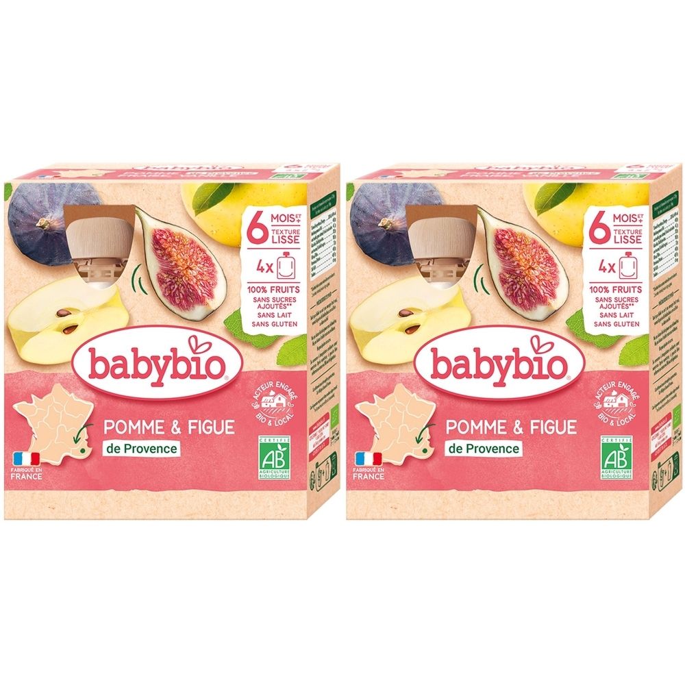 Zwei Kartons Babybio-Babynahrung. Aufdruck: Apfel & Feige de Provence, 6 Monate, glatt, 100% Früchte, ohne Zuckerzusatz, ohne Milch, ohne Gluten.