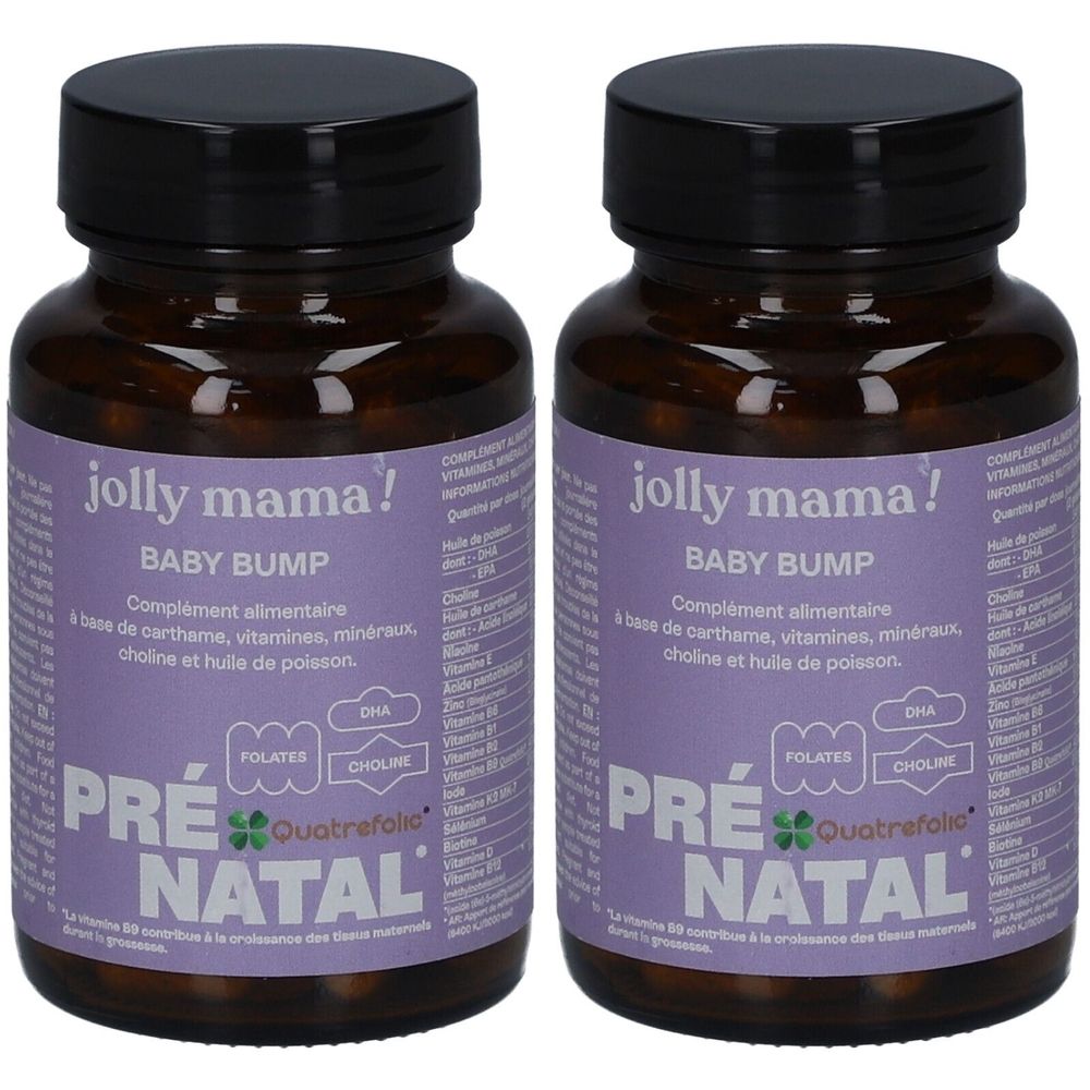 Deux flacons en verre brun avec des couvercles noirs. Les étiquettes indiquent "jolly mama! BABY BUMP" et "PRÉ NATAL".