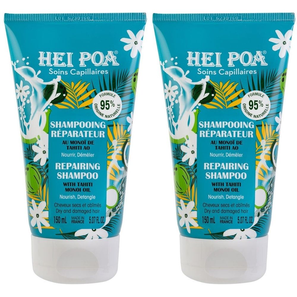 Zwei Tuben Shampoo mit blau-grüner Aufmachung. Aufschrift: HEI POA, SHAMPOOING RÉPARATEUR, REPAIRING SHAMPOO. Mit 95% natürlichen Inhaltsstoffen.