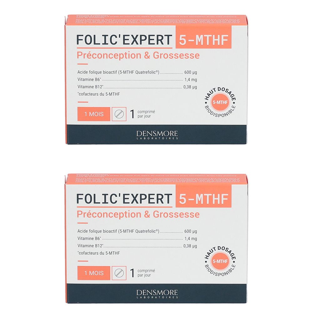 Deux boîtes FOLIC'EXPERT 5-MTHF. Préconception & Grossesse. Contient des vitamines et minéraux. Dosage élevé, biodisponible.
