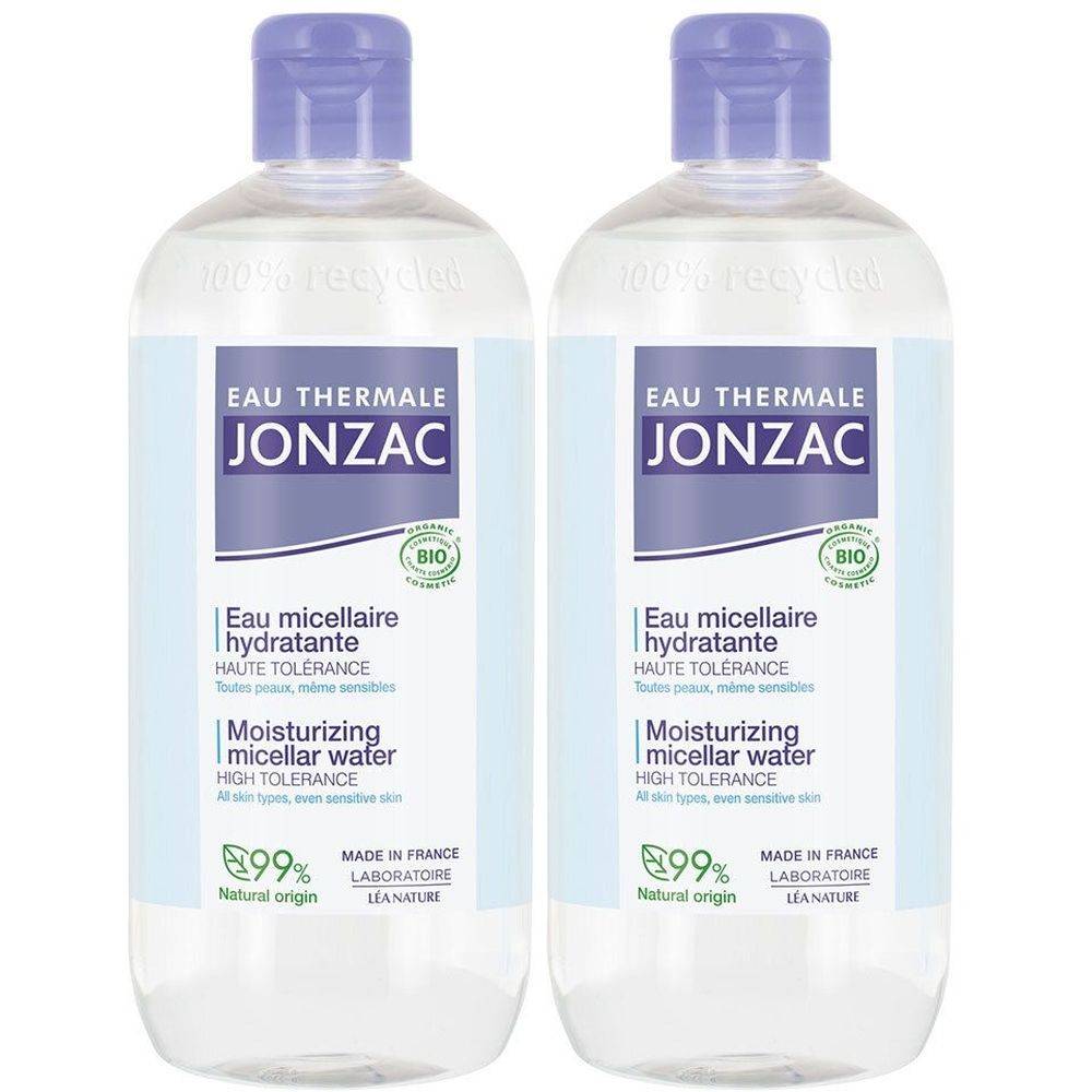 Deux flacons d'eau micellaire hydratante Jonzac Eau Thermale.