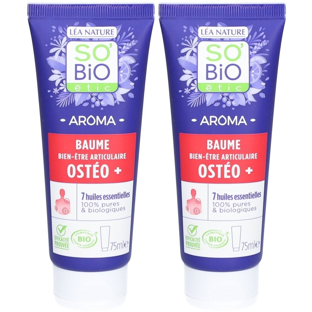 Deux tubes bleus. Inscription: SO BIO etic, Baume Ostéo+, 7 huiles essentielles, 75ml. Label Bio.