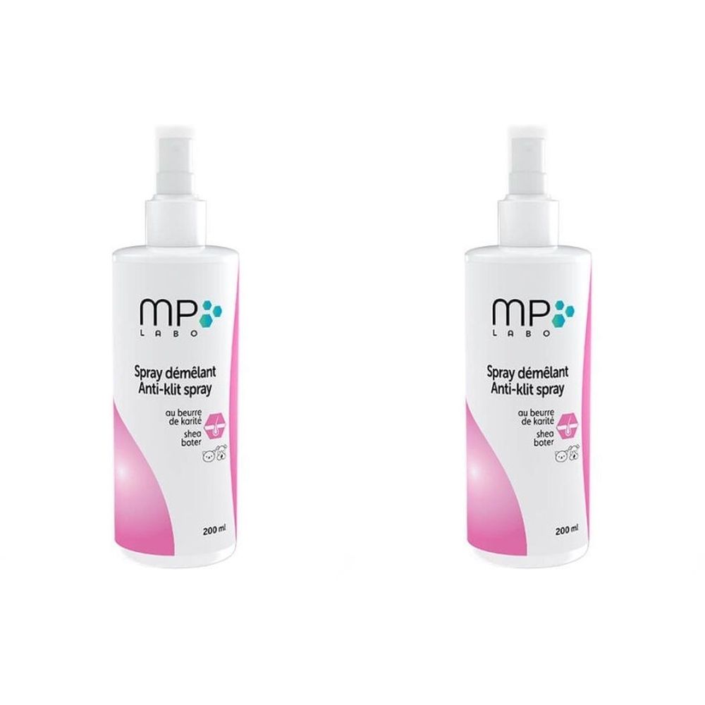 Deux flacons spray blancs avec accents roses. Inscription: MP Labo, Spray démélant Anti-klit spray, au beurre de karité.