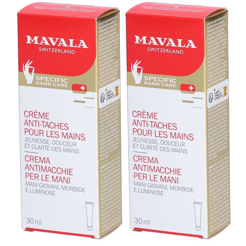 Zwei Kartons Mavala Crème Anti-Taches pour les Mains. Rote und goldfarbene Verpackung. Text: Crème Anti-Taches, 30 ml.