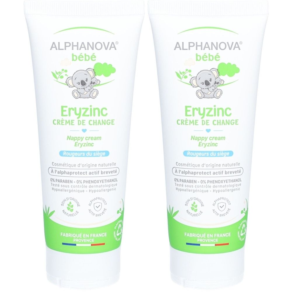 Zwei Tuben Alphanova Bébé Eryzinc Windelcreme. Weiße Tuben mit grünen und blauen Akzenten. Text: Eryzinc Crème de Change, Nappy cream.