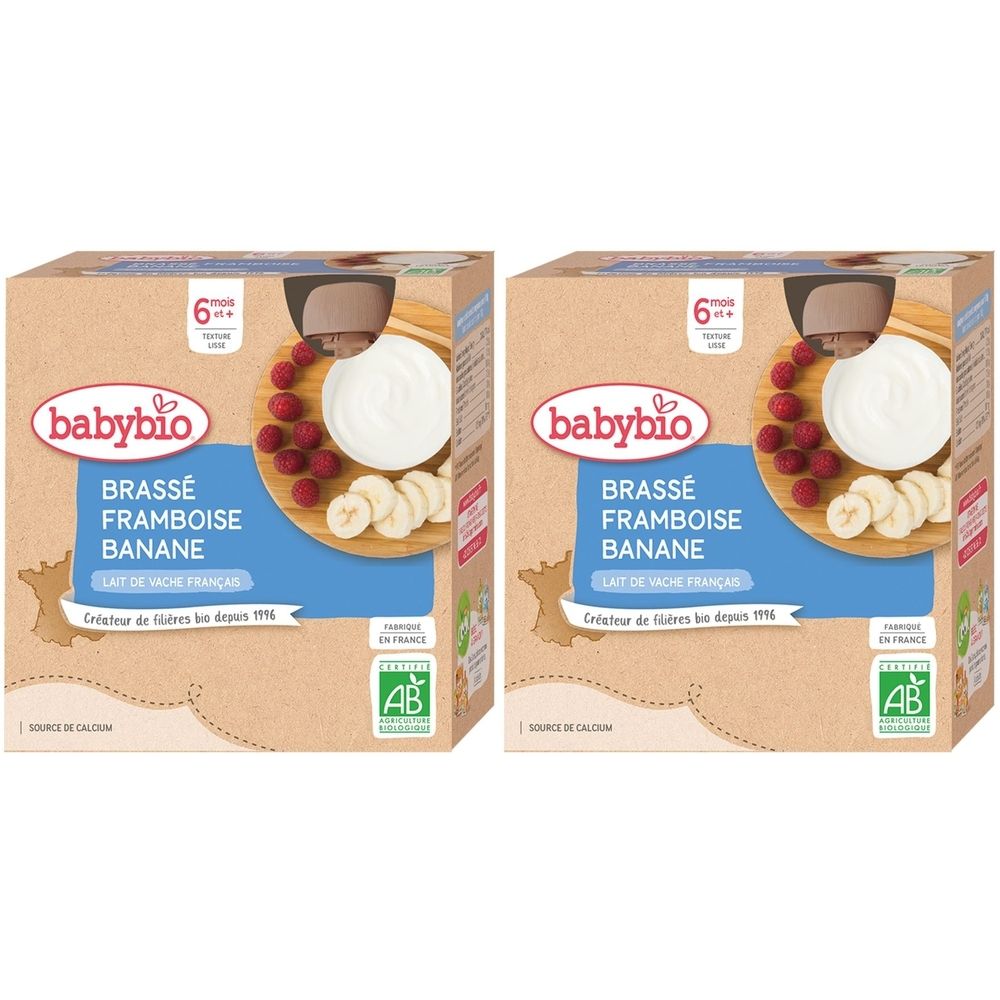 Zwei Kartons Babybio BRASSÉ FRAMBOISE BANANE. Aufdrucke: 6 mois, AB-Siegel, Himbeeren, Bananenscheiben.