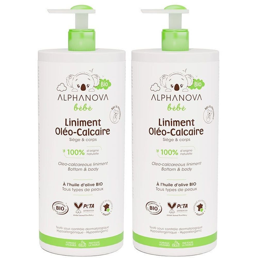 Zwei weiße Flaschen mit grünem Pumpkopf. Aufschrift: ALPHANOVA bébé, Liniment Oléo-Calcaire, 100% d'origine naturelle.