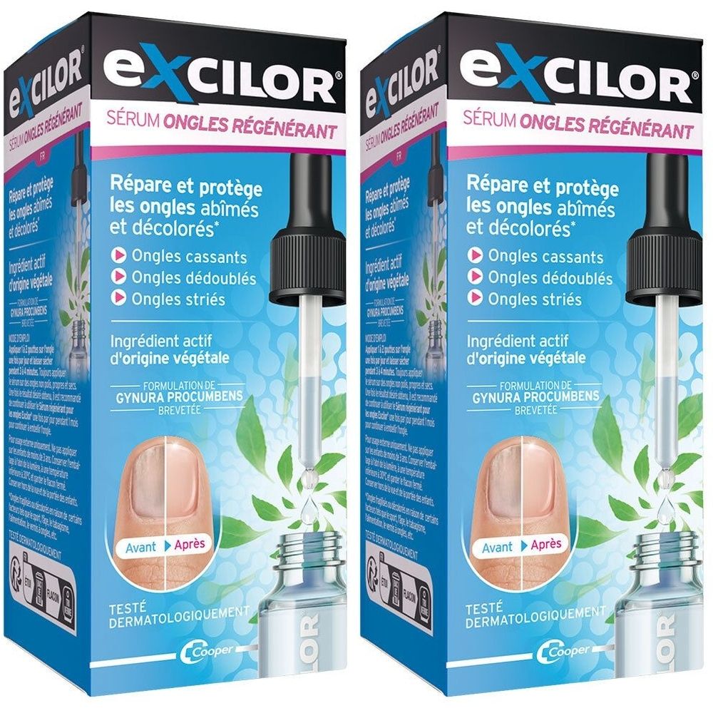 Zwei Packungen EXCILOR Nagelserum mit Pipette. Zeigt Vorher-Nachher-Bilder von Nägeln und pflanzliche Inhaltsstoffe.