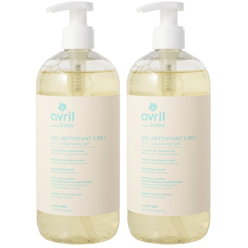 Deux flacons de gel nettoyant Avril Baby. Liquide clair avec pompe blanche et étiquette. Certifié BIO.