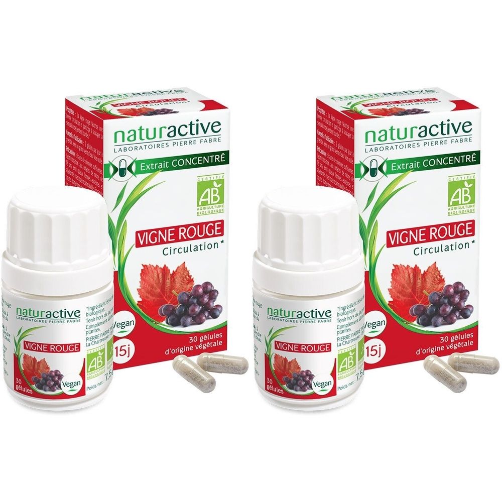 Deux flacons et boîtes. Inscription Vigne Rouge Circulation. Certification AB. Gélules et illustration de raisin.