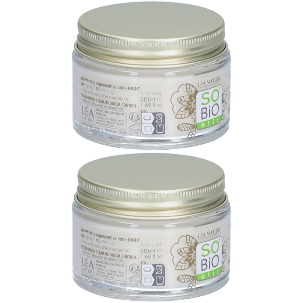 Zwei Tiegel mit Creme. Glasbehälter mit silberfarbenem Deckel. Aufschrift: SO BIO etic. 50ml.