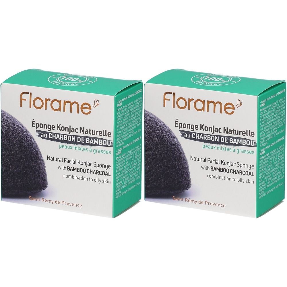 Deux boîtes carrées avec le nom Florame. Inscription : Éponge Konjac Naturelle au Charbon de Bambou. Éponge noire visible.