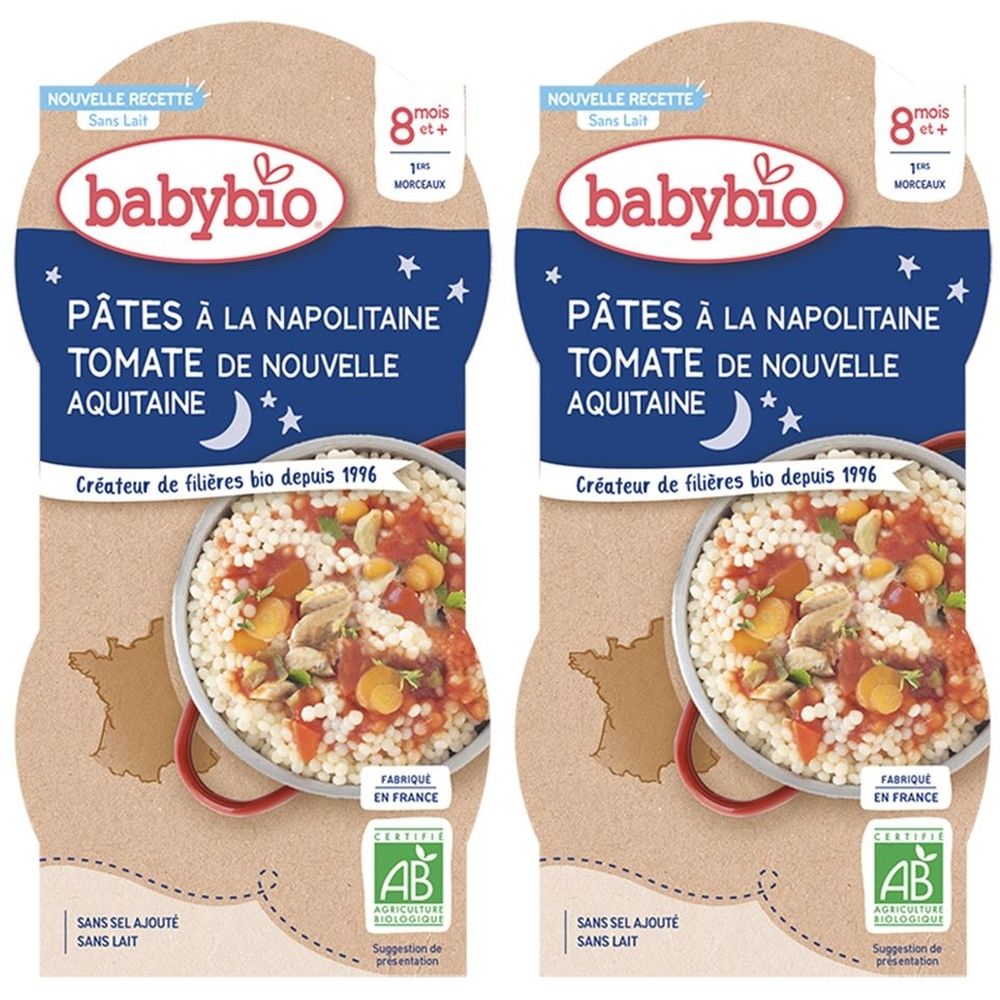 Zwei Packungen Babybio Pasta mit Tomaten aus Nouvelle-Aquitaine. Aufdrucke: AB-Siegel, ohne Salz, ohne Milch, ab 8 Monaten.