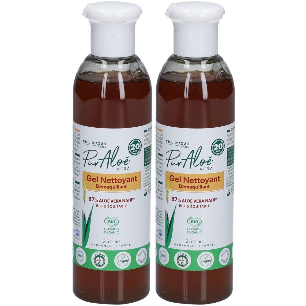 Zwei Flaschen Gel Nettoyant Démaquillant. Klare Flüssigkeit, weißer Deckel, Etikett mit Text und Logo. Bio-Zertifizierung.