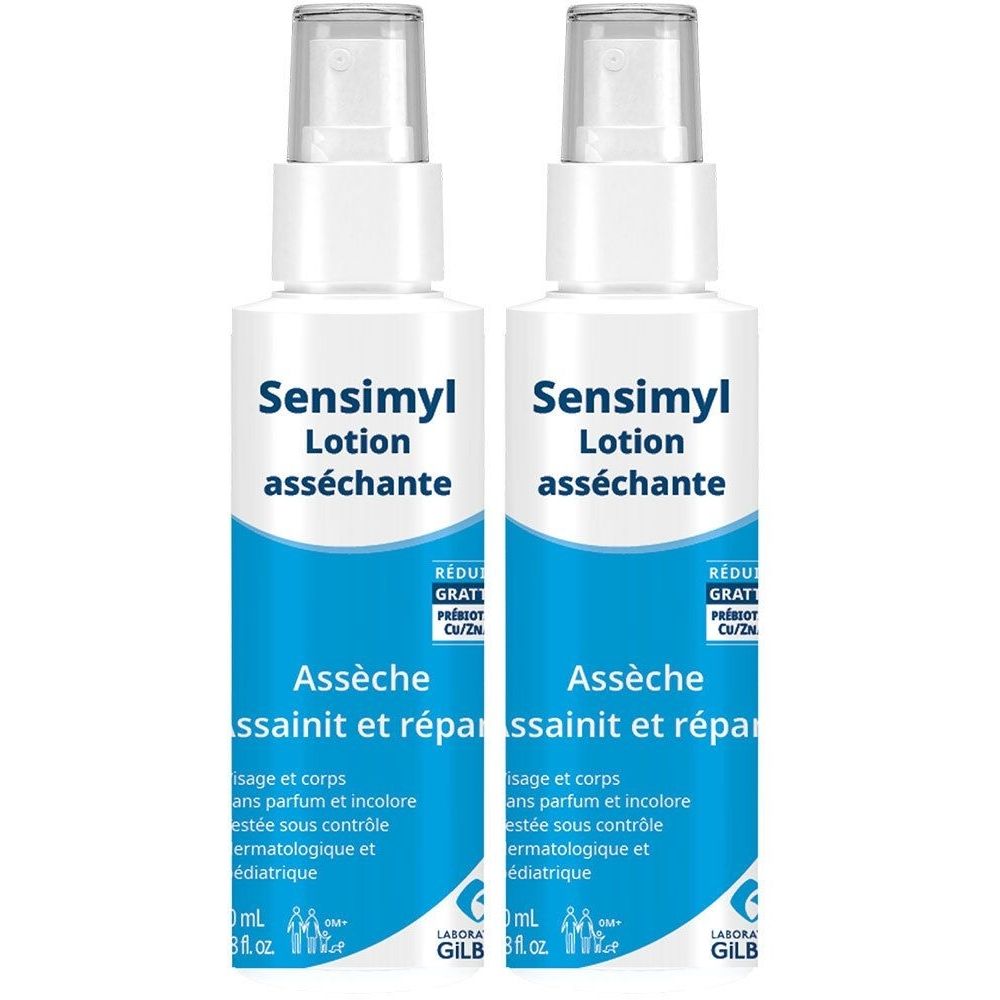 Zwei weiße Sprühflaschen mit blauem Etikett. Aufschrift: Sensimyl Lotion asséchante. Text: Assèche, assainit et répare.