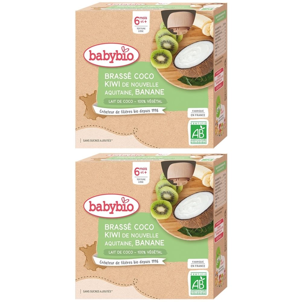 Deux boîtes Babybio. Inscription: BRASSÉ COCO KIWI, banane. Logo AB. Pour bébés dès 6 mois. Produit végétal.