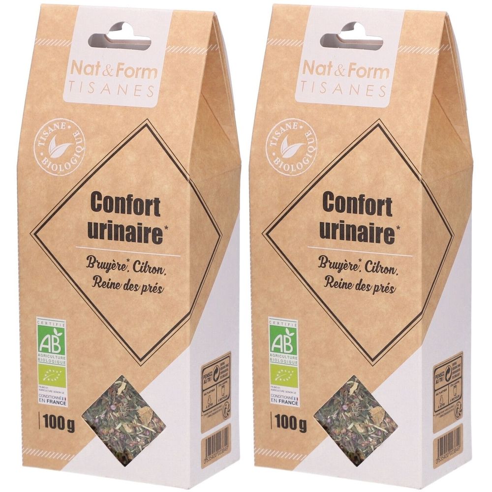 Deux boîtes en carton rectangulaires. Inscription : Nat&Form Tisanes, Confort urinaire. Avec label bio et poids de 100 g.