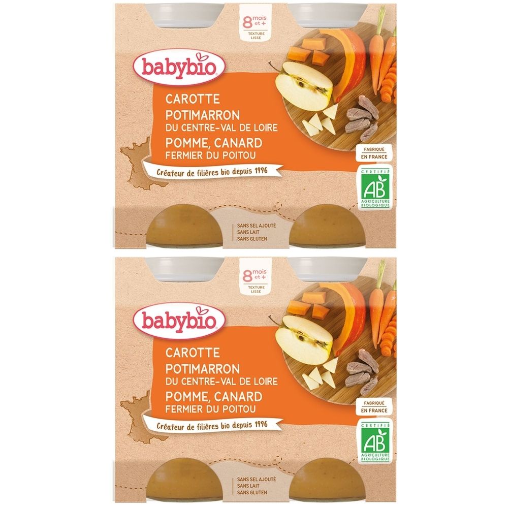 Zwei Packungen Babybio-Babynahrung. Aufschrift: Karotte, Potimarron, Apfel, Ente. Bio-Zertifizierung. Ab 8 Monaten.