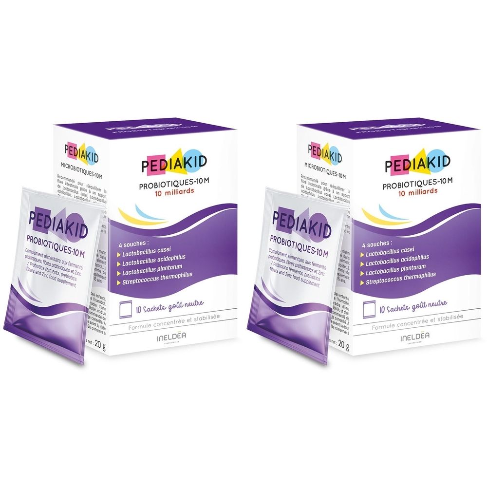 Zwei Packungen PEDIAKID Probiotiques-10M. Jede Packung enthält eine Box und ein Sachet. Auf der Box steht "10 milliards".