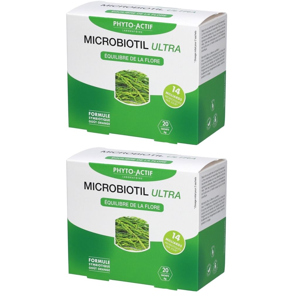 Deux boîtes blanches avec des accents verts. Inscription: PHYTO-ACTIF, MICROBIOTIL ULTRA, ÉQUILIBRE DE LA FLORE. Contient 14 sachets et 20 sachets.