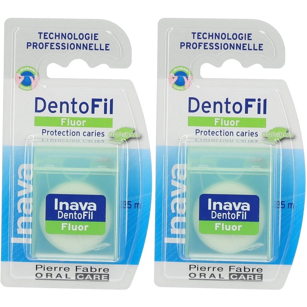Deux paquets de fil dentaire. Emballage avec nom du produit, Fluor et protection contre les caries. Fabricant : Pierre Fabre Oral Care.