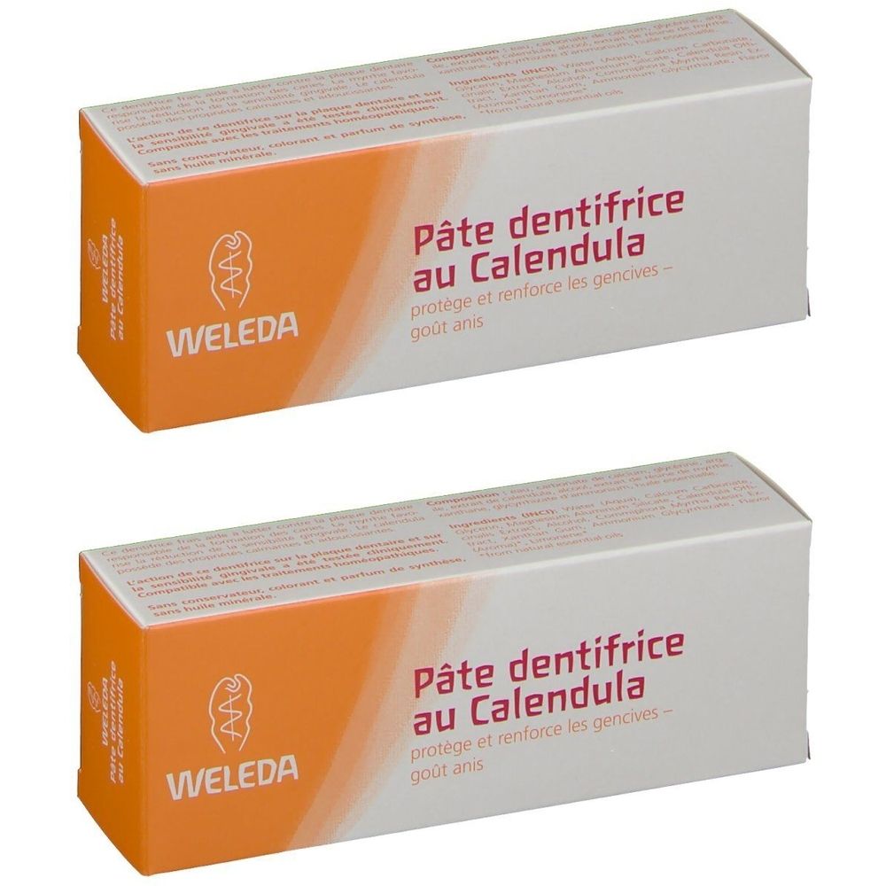WELEDA Zahnpasta mit Calendula, Kartonverpackung mit zwei Tuben.