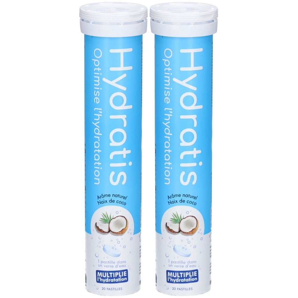 Deux tubes cylindriques blancs. Inscription: Hydratis, Optimise l'hydratation, arôme noix de coco. Illustration: noix de coco. 20 pastilles.