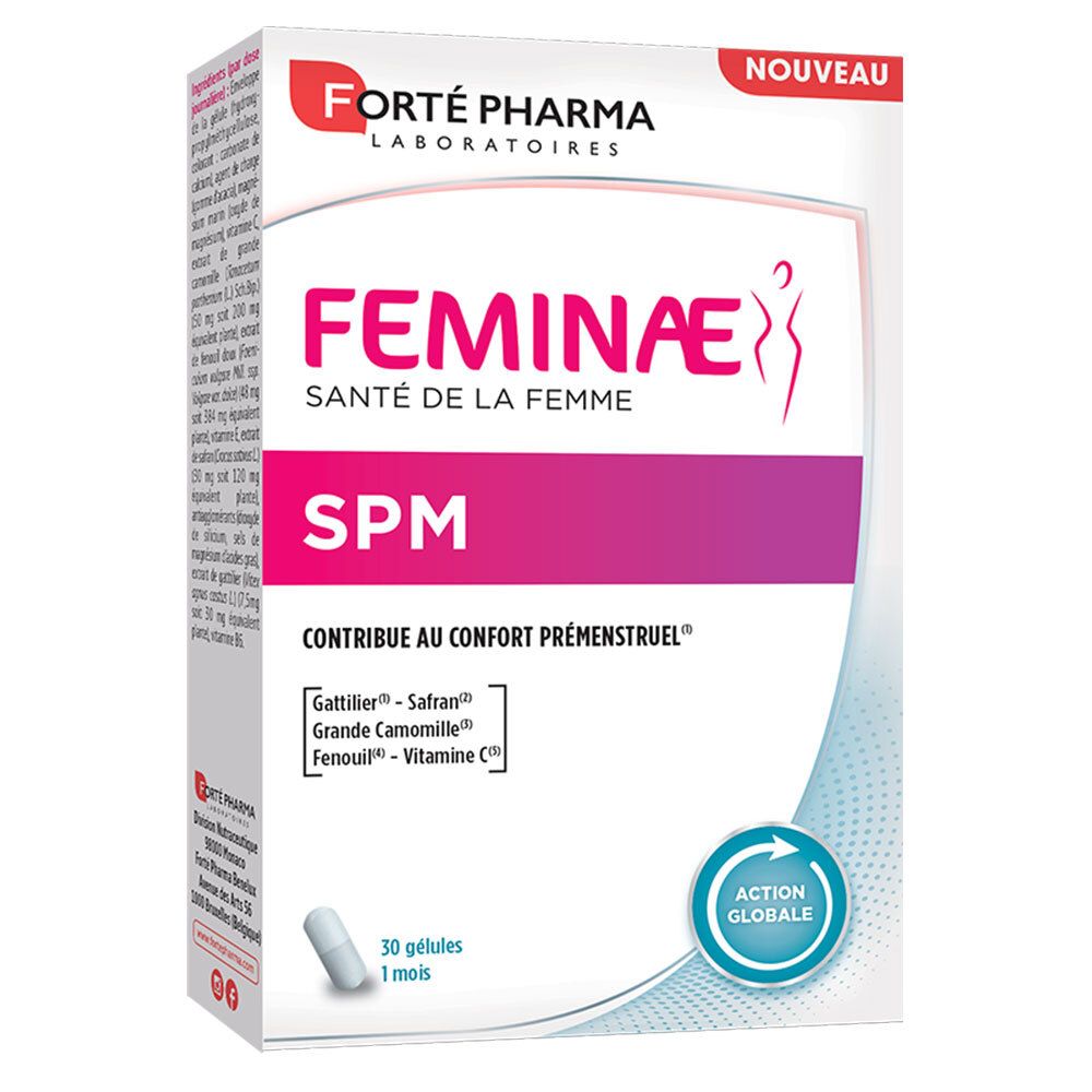 Verpackung von FORTE PHARMA Feminae SPM. Weißer Karton mit Produktnamen und Logo. Enthält 30 Kapseln.