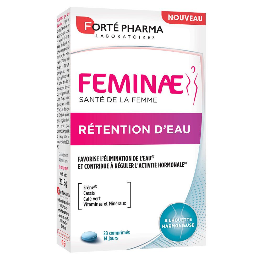 Verpackung mit Tabletten. Aufschrift: FEMINAE, Santé de la femme, Rétention d'Eau. Enthält 28 Tabletten.