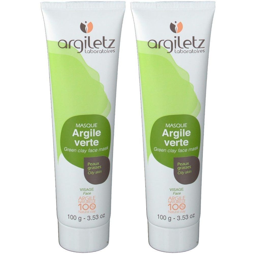 Zwei Tuben Argiletz Maske mit grüner Tonerde. Weiße Tuben mit grüner Beschriftung. Text: Argile verte, für fettige Haut.