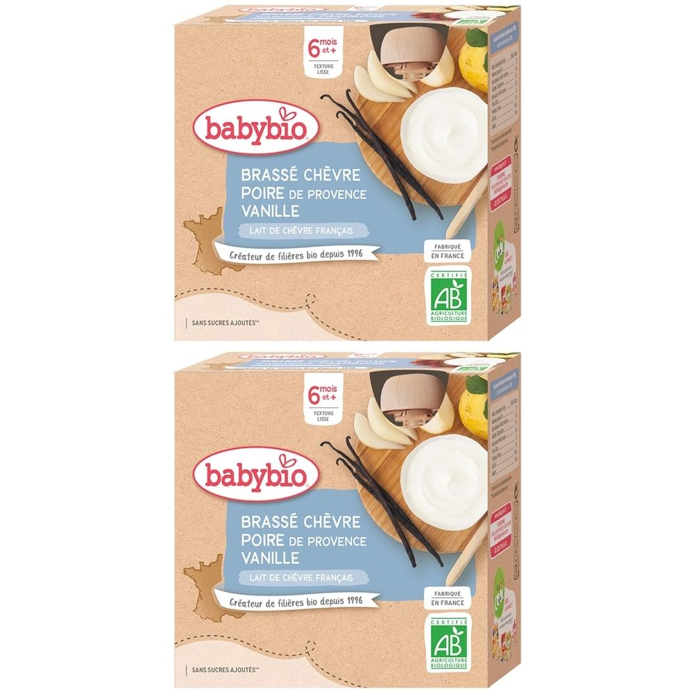 Zwei Kartons Babybio, Aufschrift BRASSÉ CHÈVRE POIRE DE PROVENCE VANILLE. Bio-Siegel. Ab 6 Monaten.
