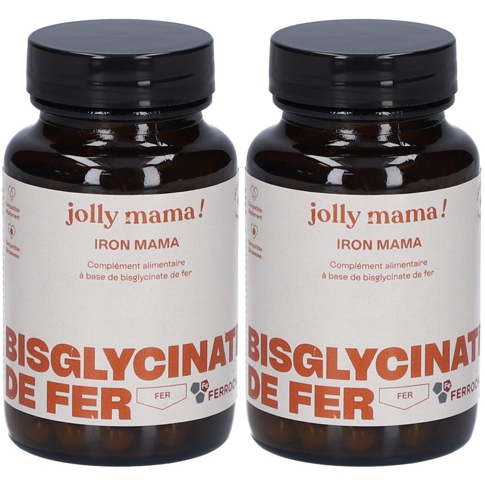 Deux flacons en verre brun avec des bouchons noirs. Les étiquettes indiquent "jolly mama! IRON MAMA" et "BISGLYCINAT DE FER".