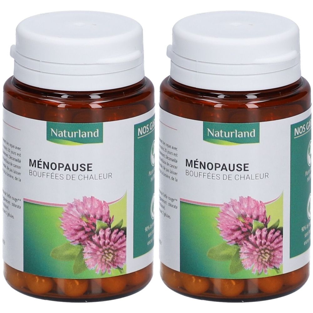 Zwei Flaschen Naturland Menopause. Aufschrift: Ménopause Bouffées de chaleur. Abbildung einer Blüte.