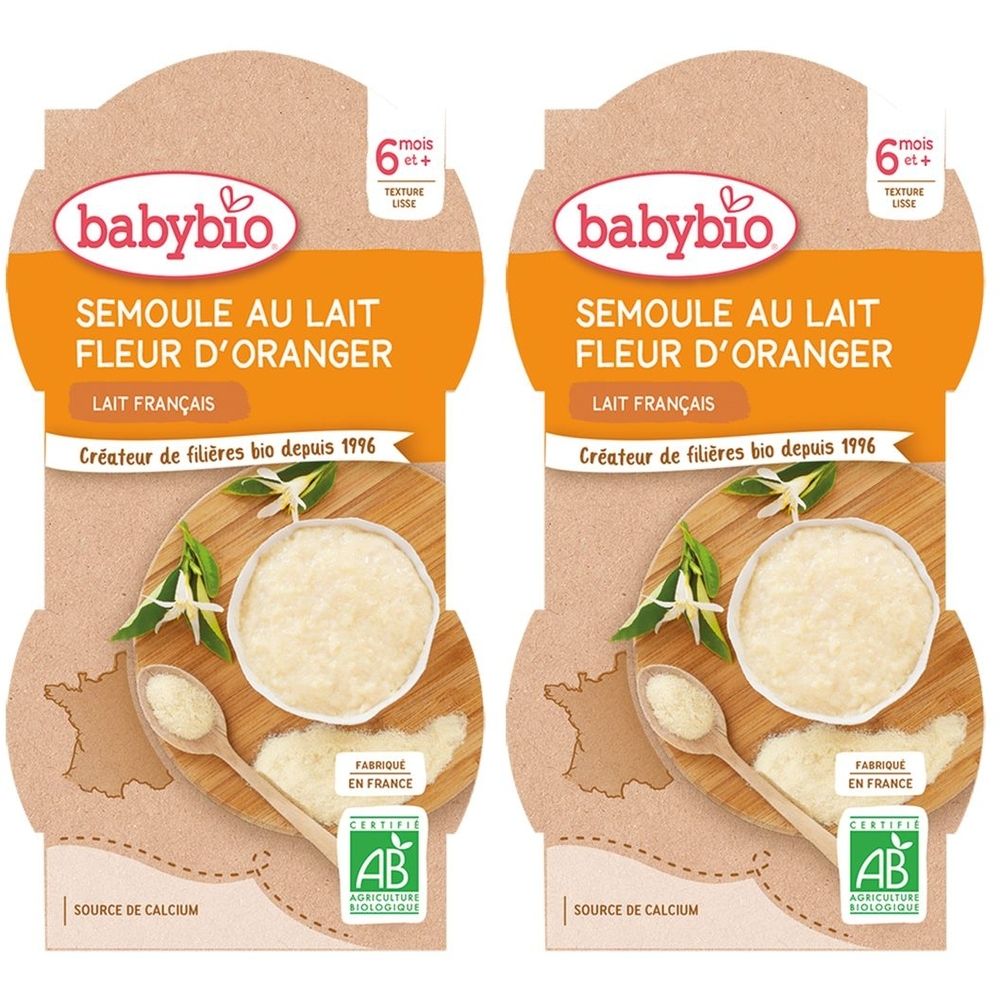 Zwei Packungen Babybio Semoule au Lait Fleur d'Oranger. Bio-Zertifizierung, ab 6 Monaten.