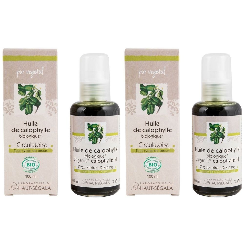 Drei Flaschen und Verpackungen. Aufschrift: Huile de calophylle biologique, Circulatoire, BIO-Zertifizierung. Laboratoire du Haut-Ségala.