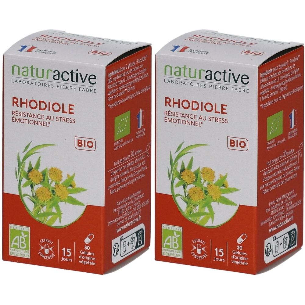 Deux boîtes "RHODIOLE BIO". Inscriptions : "naturactive", "RESISTANCE AU STRESS EMOTIONNEL", label bio, 30 gélules d'origine végétale.