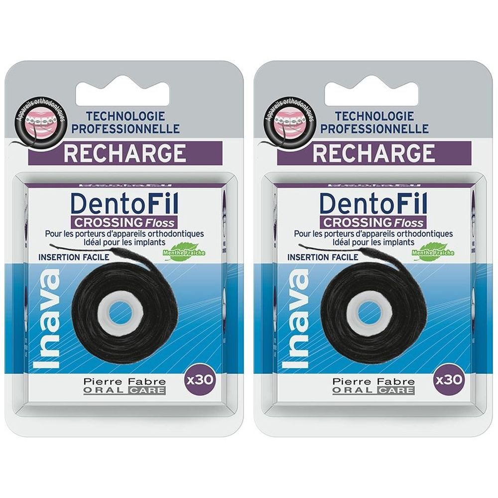 Deux paquets de fil dentaire DentoFil Crossing Floss. Fil noir sur bobine. Emballage avec nom du produit, marque Inava et x30.