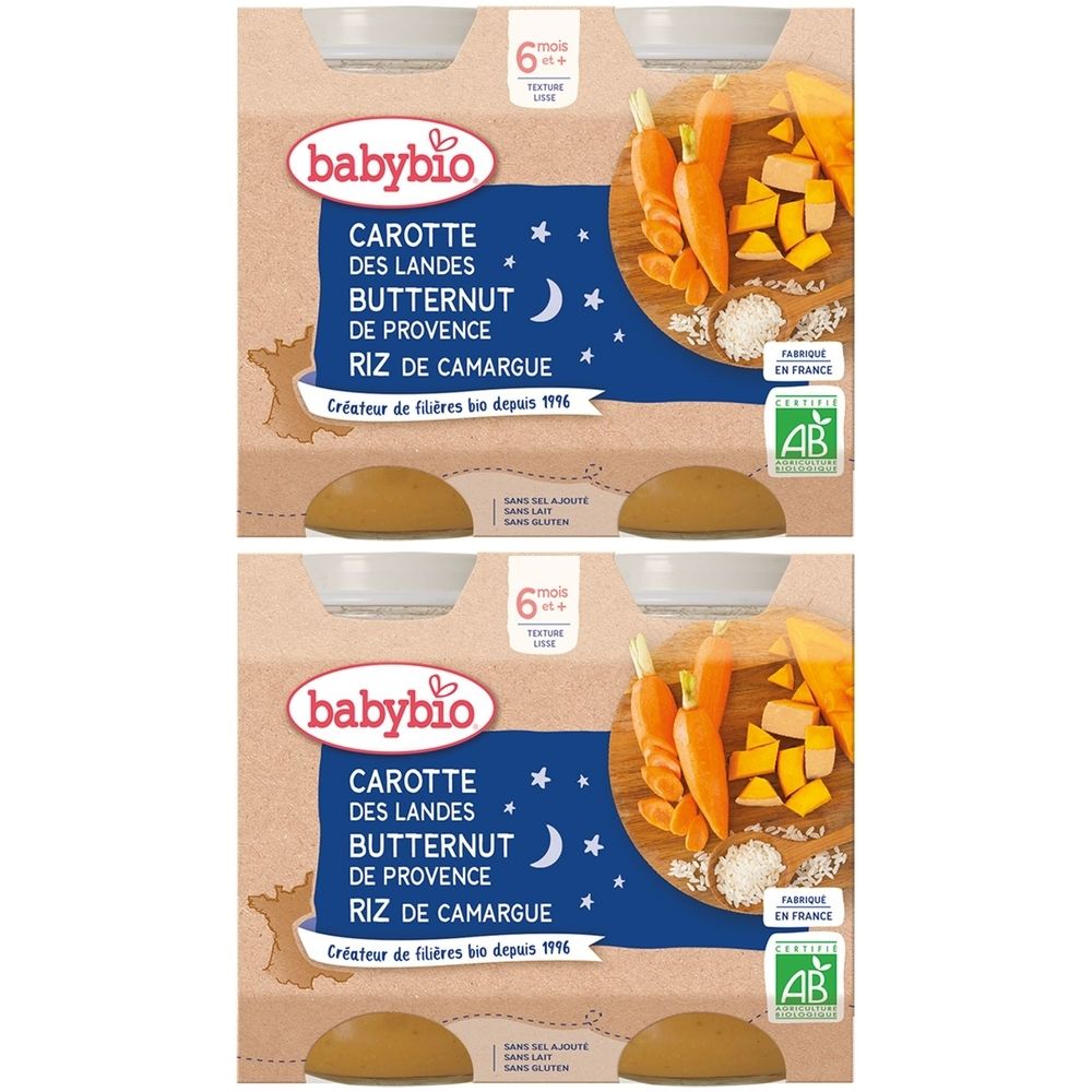Deux emballages Babybio. Inscription: CAROTTE DES LANDES BUTTERNUT DE PROVENCE RIZ DE CAMARGUE. Certification bio.