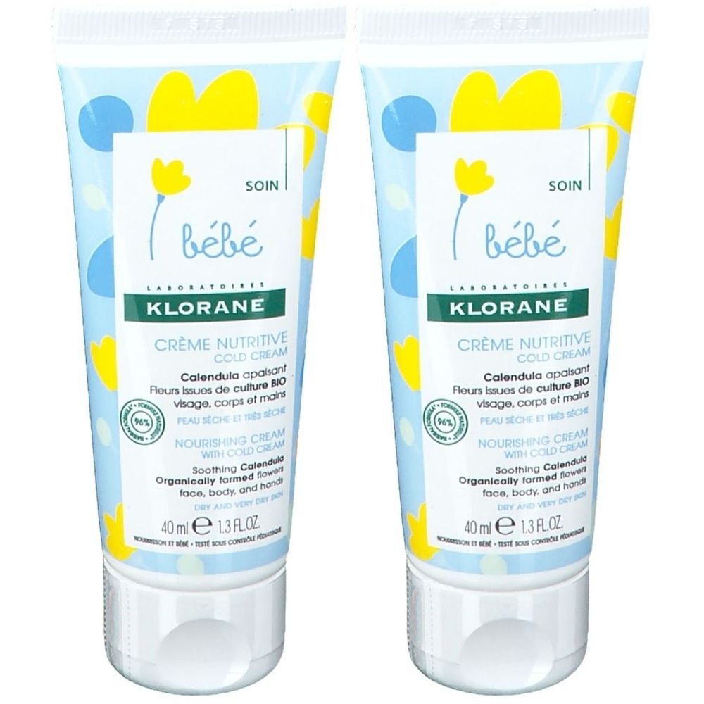 Zwei Tuben Creme für Babys. Blaue und gelbe Verpackung mit Produktnamen und Inhaltsstoffen. Enthält 40 ml.