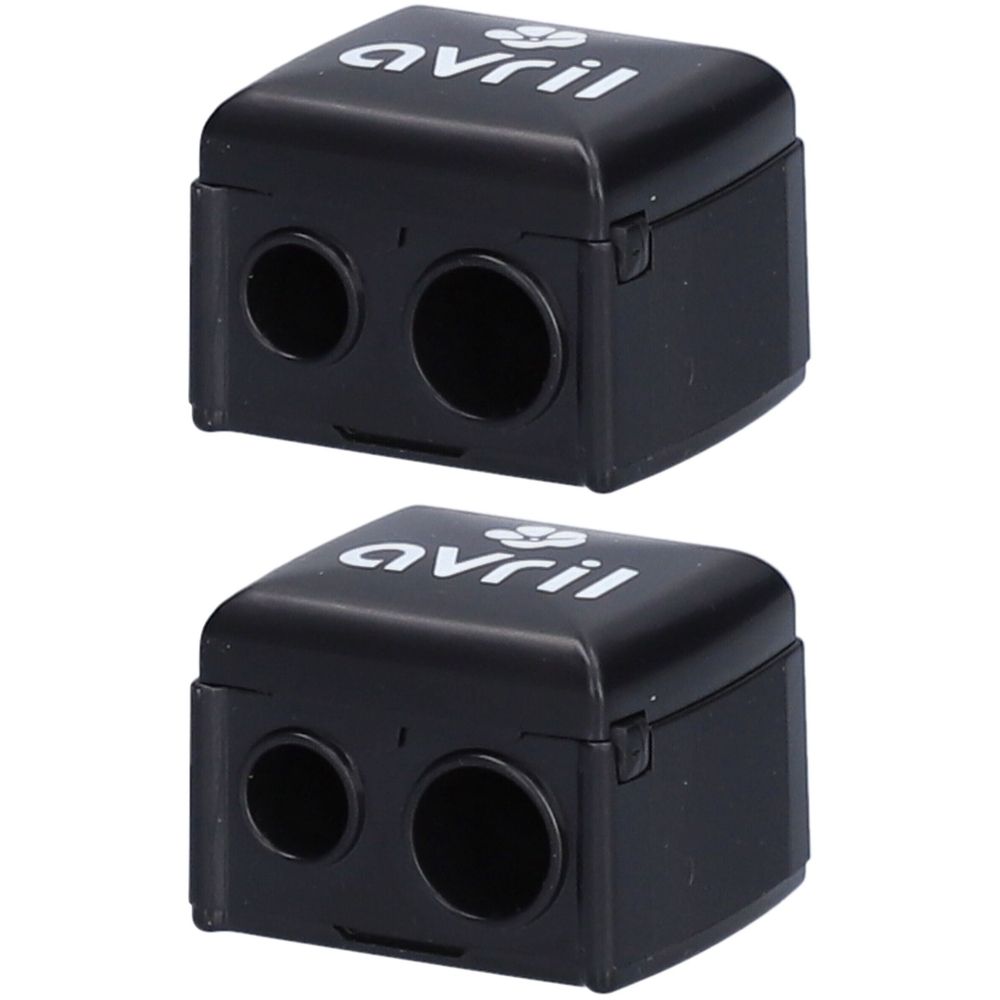 Zwei schwarze Spitzer mit zwei Löchern. Auf der Oberseite steht "avril" in weißer Schrift.