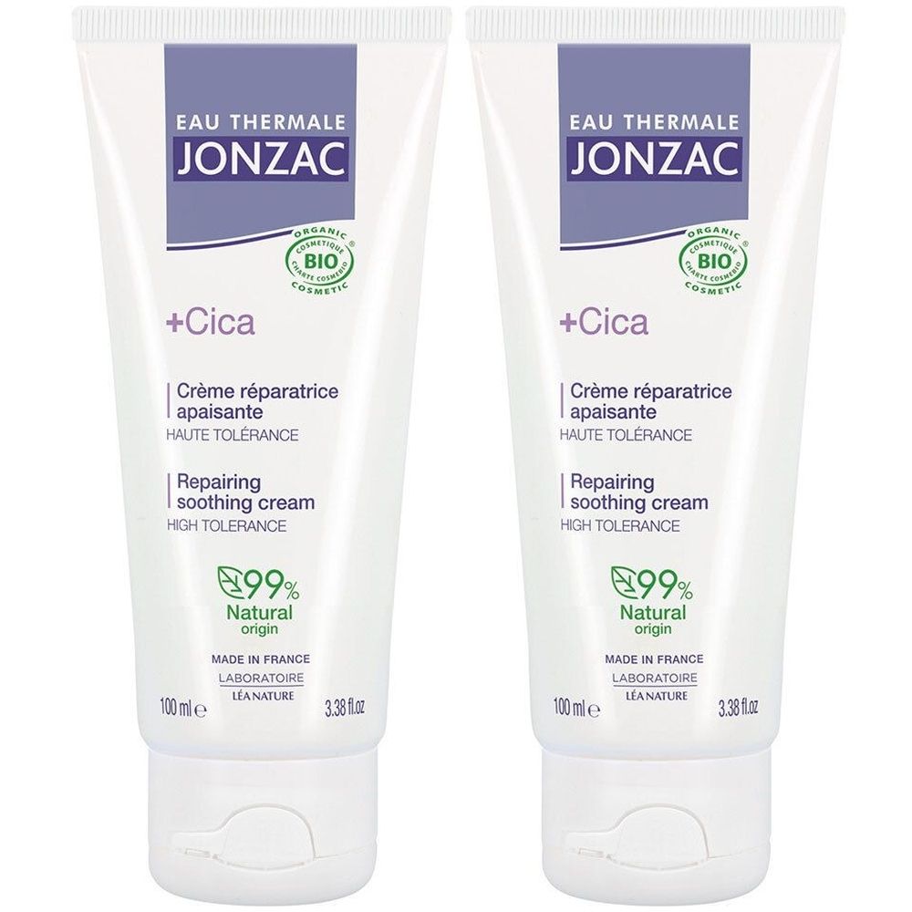 Deux tubes blancs avec impression. Inscription: Jonzac, +Cica, Crème réparatrice, Repairing soothing cream. Certification bio et 99% d'origine naturelle.