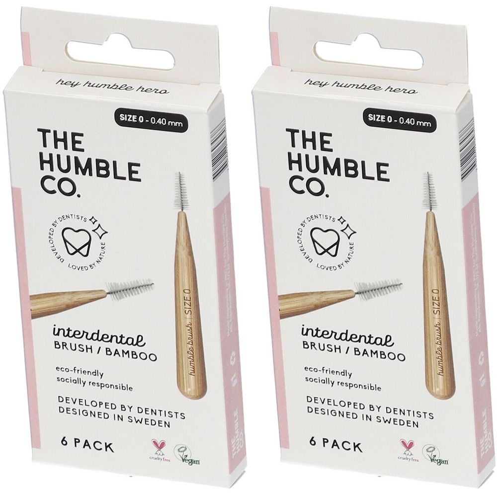 Deux paquets de brosses interdentaires Humble en bambou, taille 0 (0,4 mm). Chaque paquet contient 6 brosses.