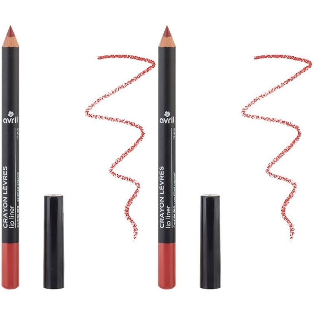 Drei Lipliner-Stifte mit schwarzen Schäften und roten Spitzen. Die Kappen sind abgenommen. Daneben rote Striche.