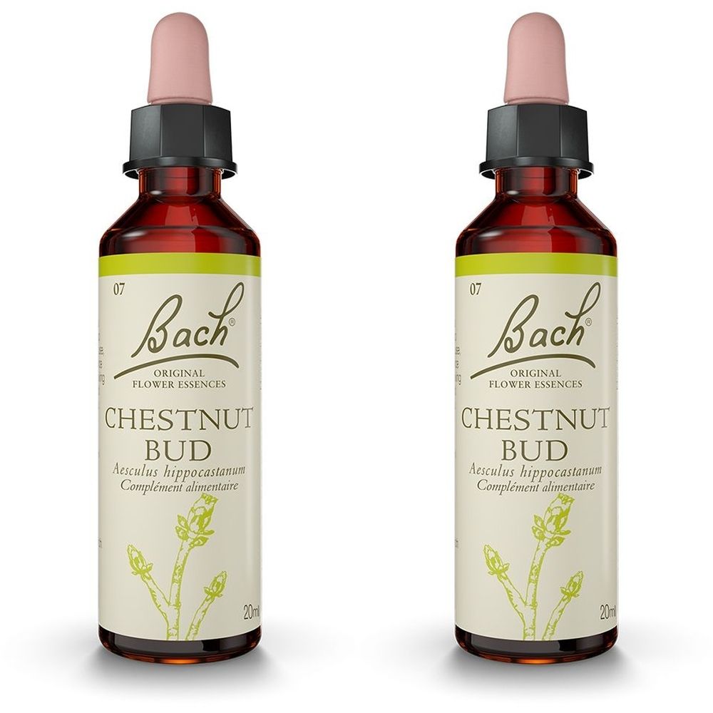 Deux flacons Fleurs de Bach® Original Chestnut Bud N° 7. Flacons en verre brun avec pipette et étiquette. Inscription : Bach, Chestnut Bud.