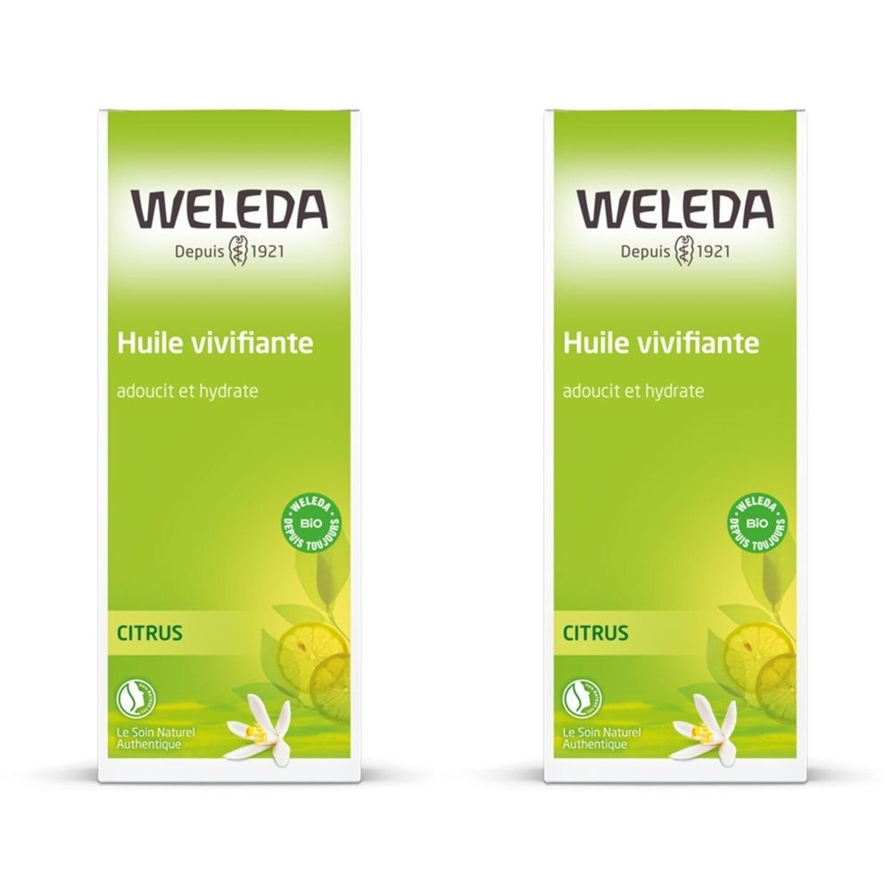 Zwei grüne Verpackungen mit WELEDA-Logo und Text. Aufschrift: Huile vivifiante, Citrus, Bio-Siegel. Weiße Blüten und Zitronen.