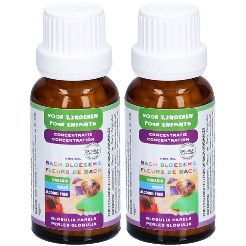 Zwei braune Glasflaschen mit weißem Deckel. Auf den Etiketten steht „VOOR KINDEREN POUR ENFANTS CONCENTRATIE CONCENTRATION“.