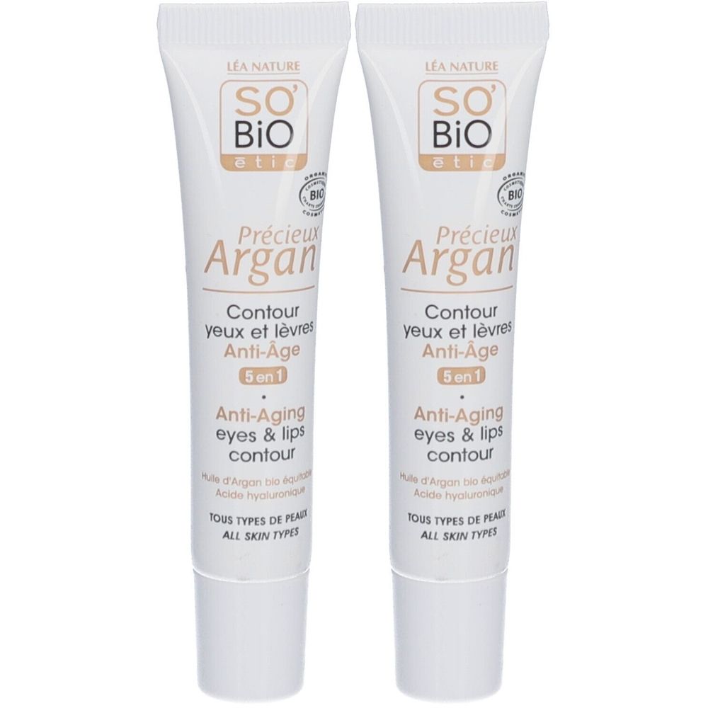 Deux tubes de crème pour les yeux et les lèvres. Inscription: SO'BiO étic, Précieux Argan, Anti-Âge, 5 en 1. Tous types de peaux.