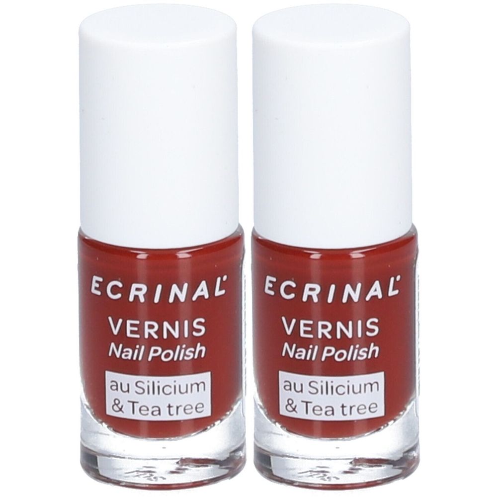 Zwei Flaschen Nagellack. Roter Lack, weißer Deckel. Aufschrift: ECRINAL VERNIS Nail Polish au Silicium & Tea tree.