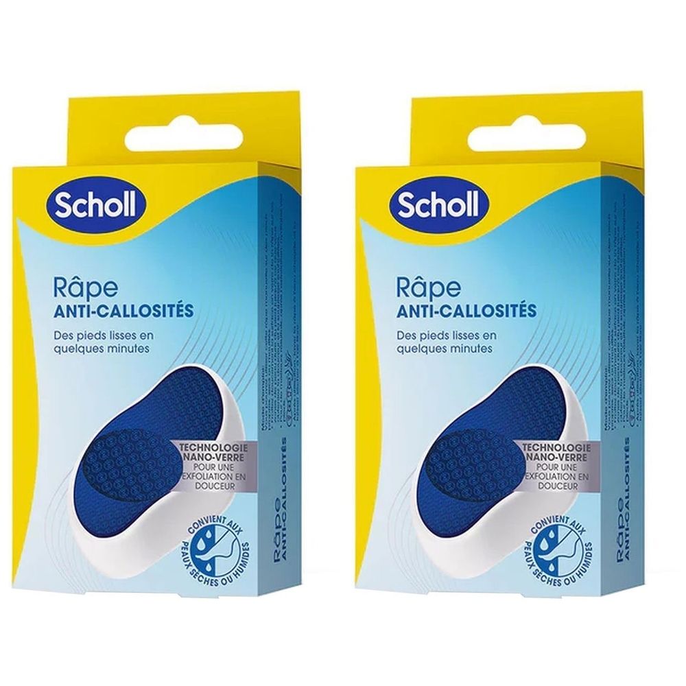 Zwei Scholl Anti-Hornhaut-Raspeln im Karton. Blaue Raspelfläche, weiße Halterung.